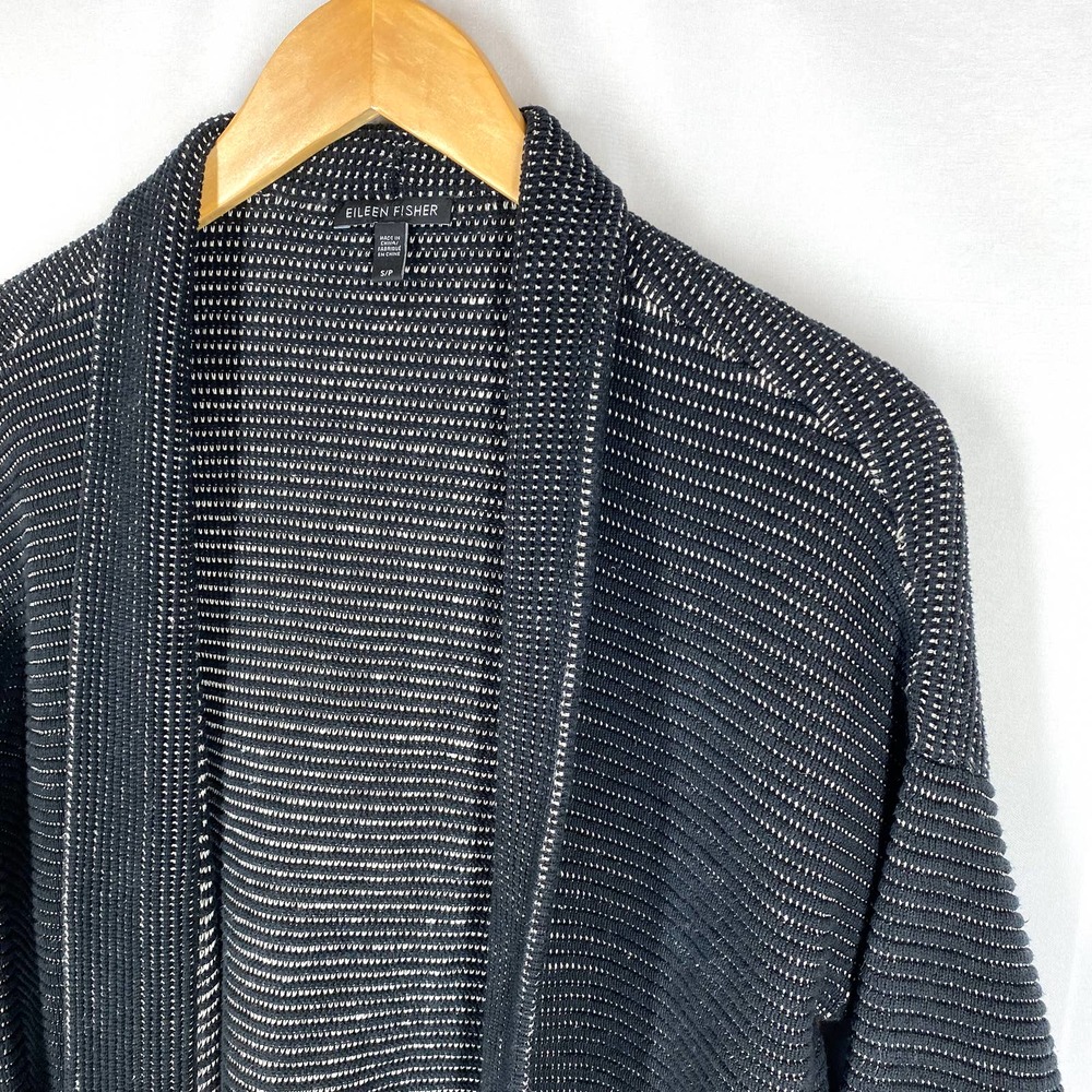Eileen Fisher Open Front Cardigan Sweater Black White Silk Linen Fall S - Picture 3 of 8